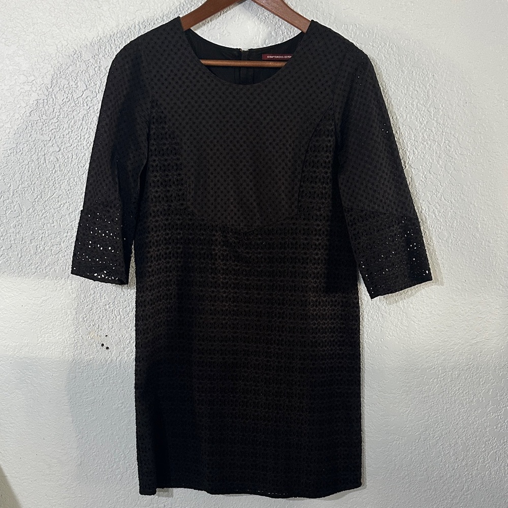 Comptoir Des Cotonniers Black Eyelet Cotton Textured 3/4 Sleeve‎ Dress S38 6/8